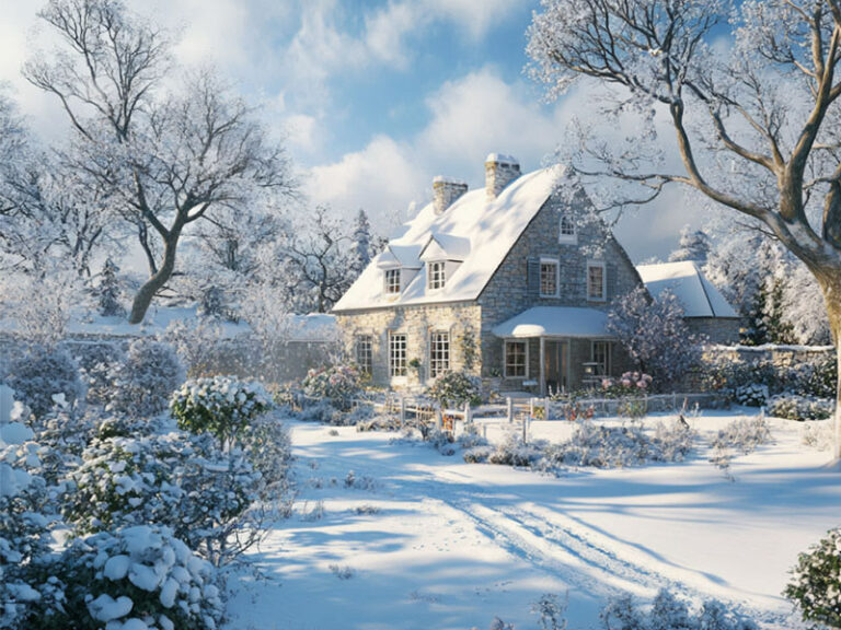Jardin enneigé en hiver avec arbres et arbustes givrés devant une maison en pierre