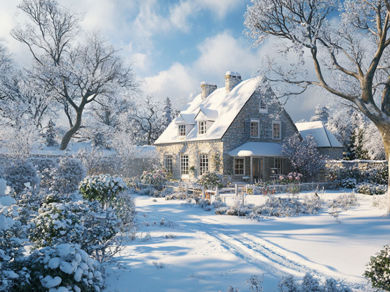 Jardin enneigé en hiver avec arbres et arbustes givrés devant une maison en pierre